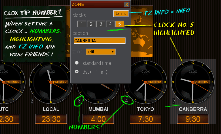 CLOX tip number 1 - numbers, highlighting and tz info.