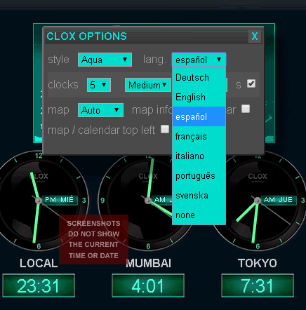 Clox options window with language list open.